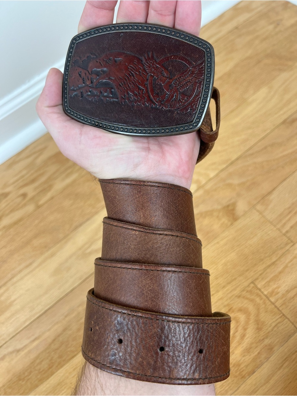 VTG Fossil Western Eagle Embossed Leather Belt